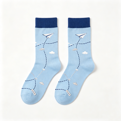 Cute Paper Plane Cloud Print Women Crew Socks