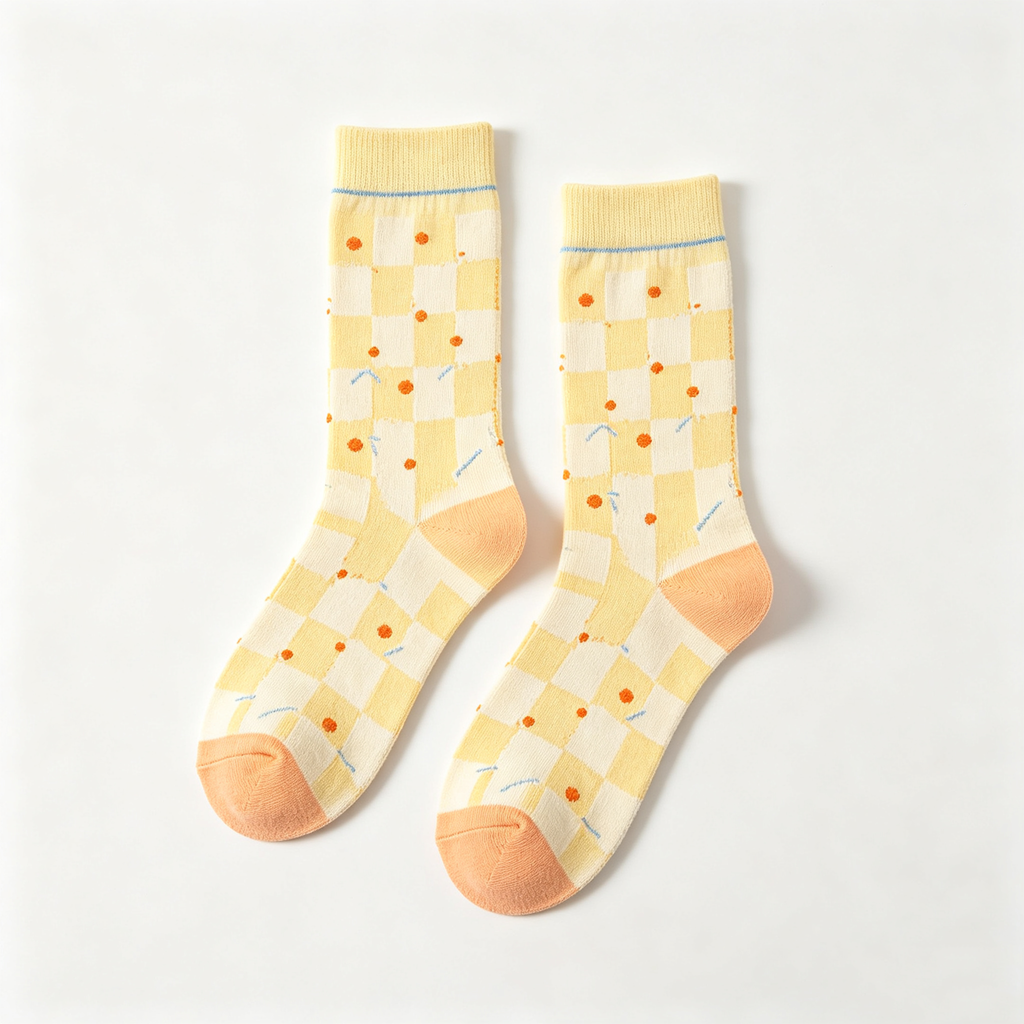Pale Yellow Checkered Doodle Women Crew Socks