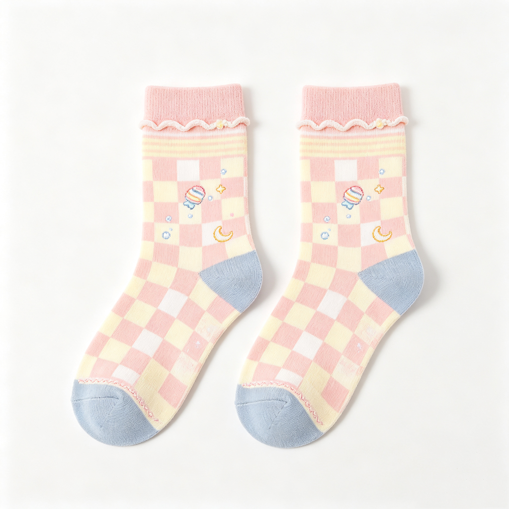 Pink Checkerboard Candy Moon Kids Crew Socks