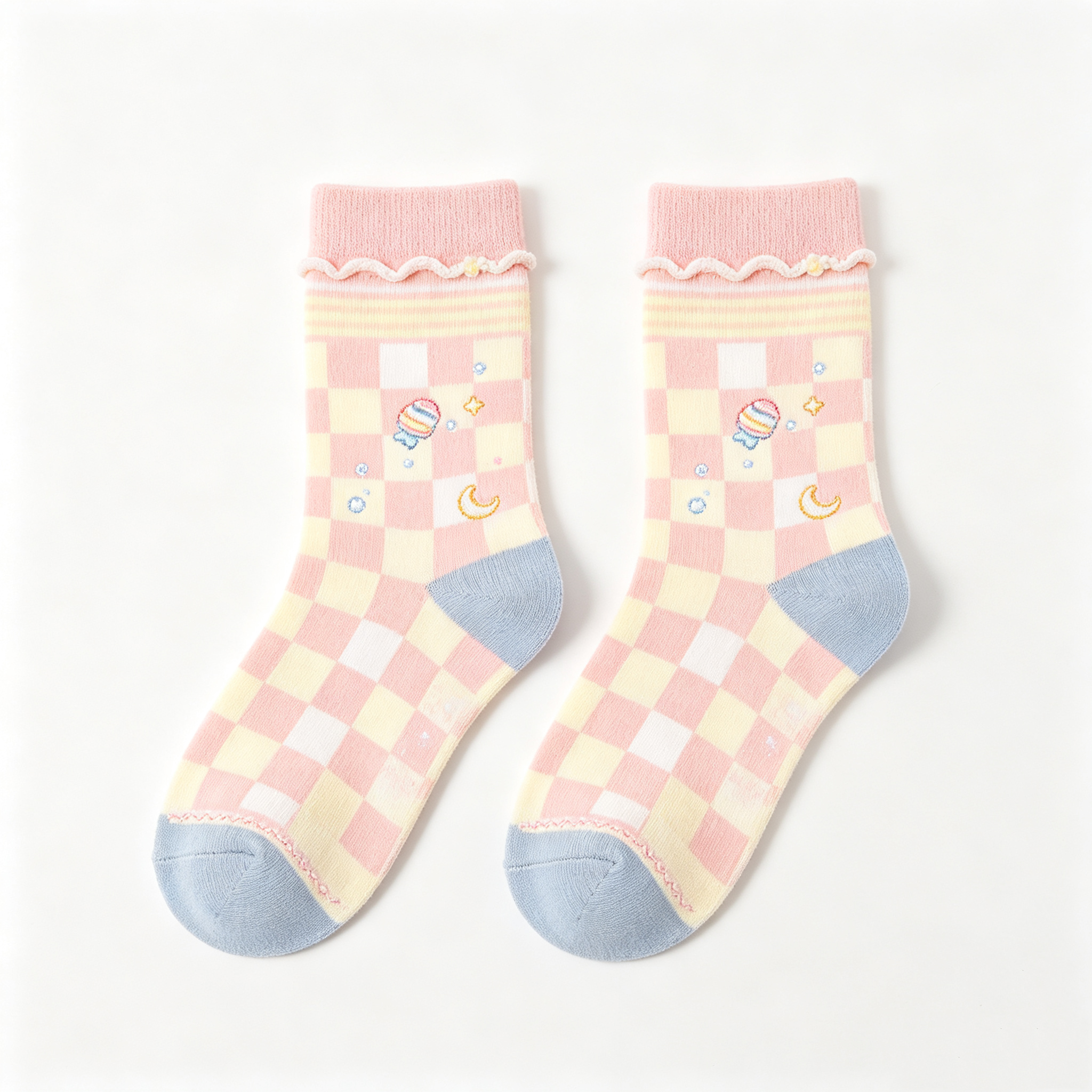 Pink Checkerboard Candy Moon Kids Crew Socks