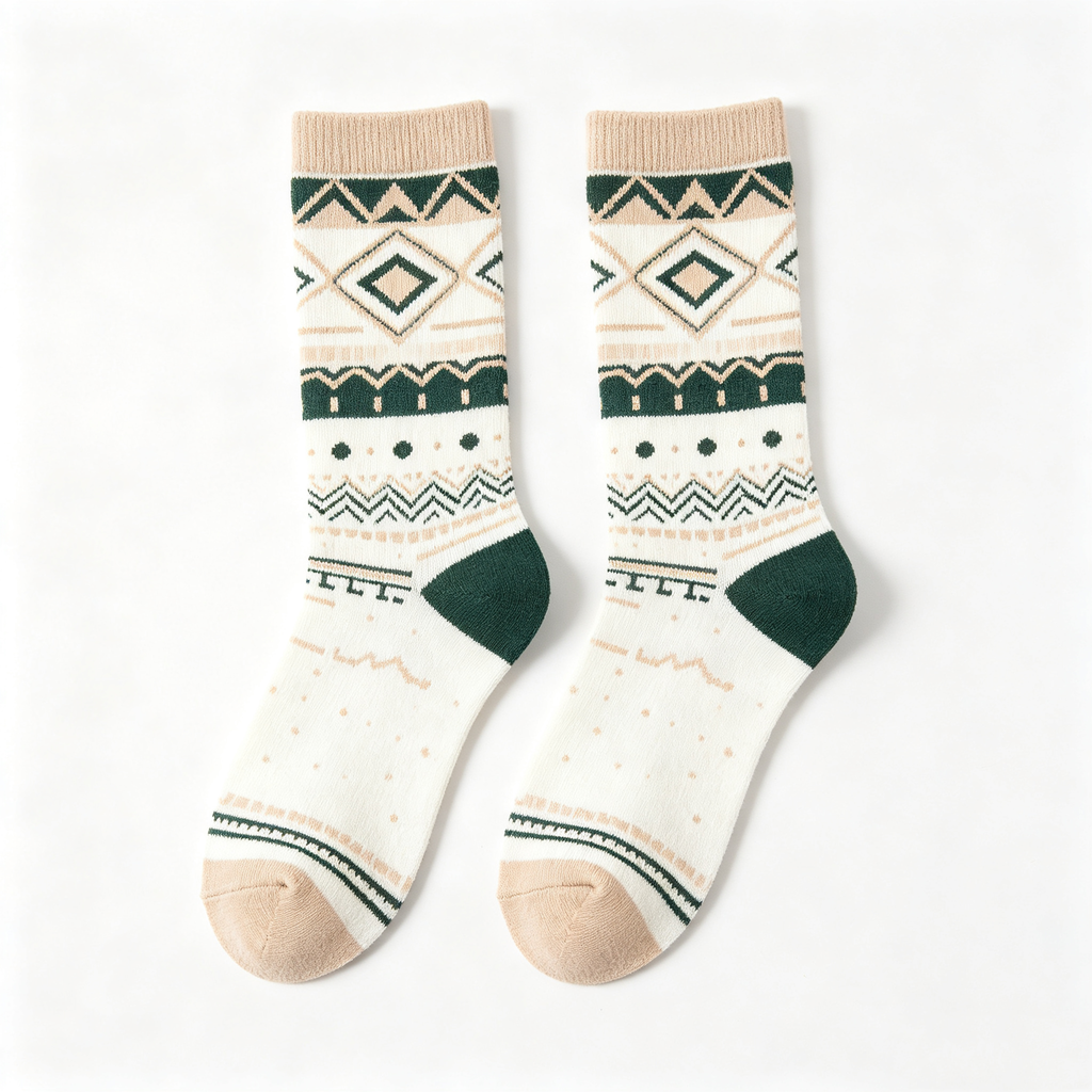 Green Beige Aztec Geometric Women Crew Socks