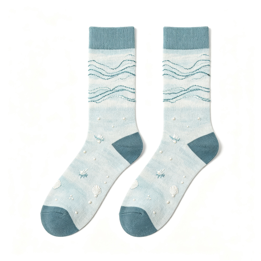 Ocean Wave Shell Pearl Detail Women Crew Socks