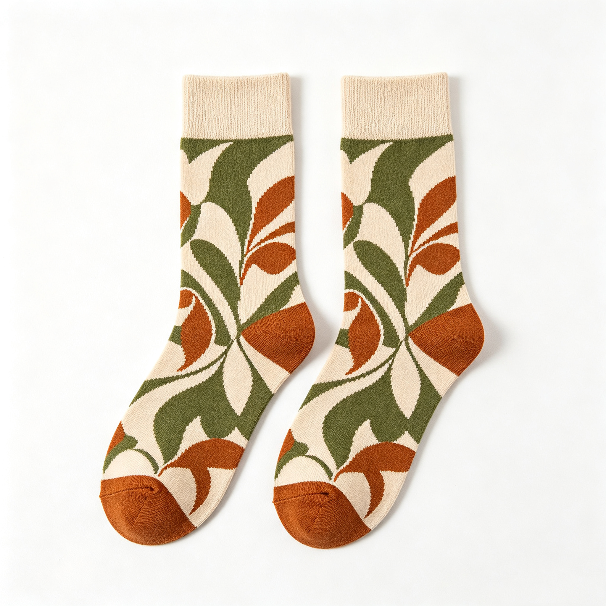 Retro Botanical Leaf Print Women Crew Socks