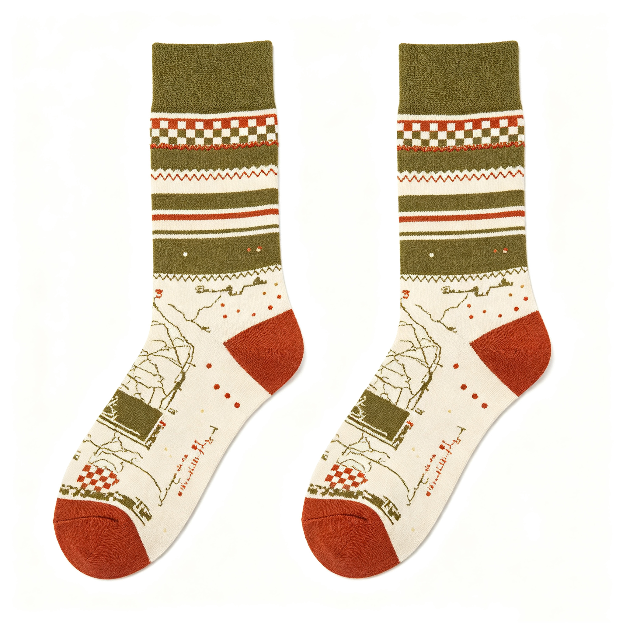 Retro Fall Scene Print Men Crew Socks
