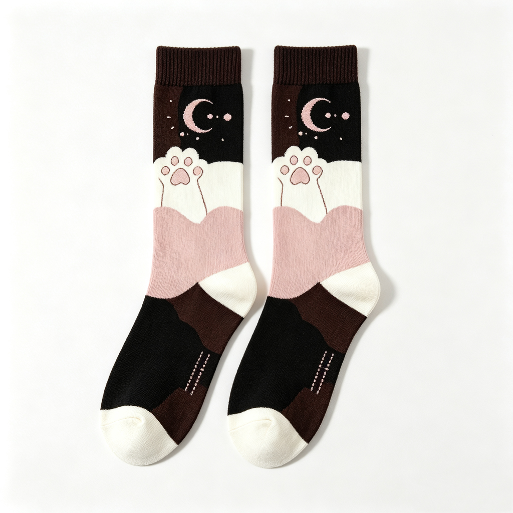 Cat Paw Moon Art Print Women Crew Socks