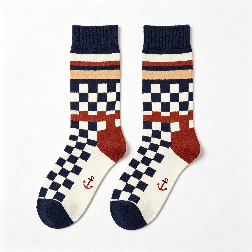 Nautical Anchor Checkered Men Crew Socks