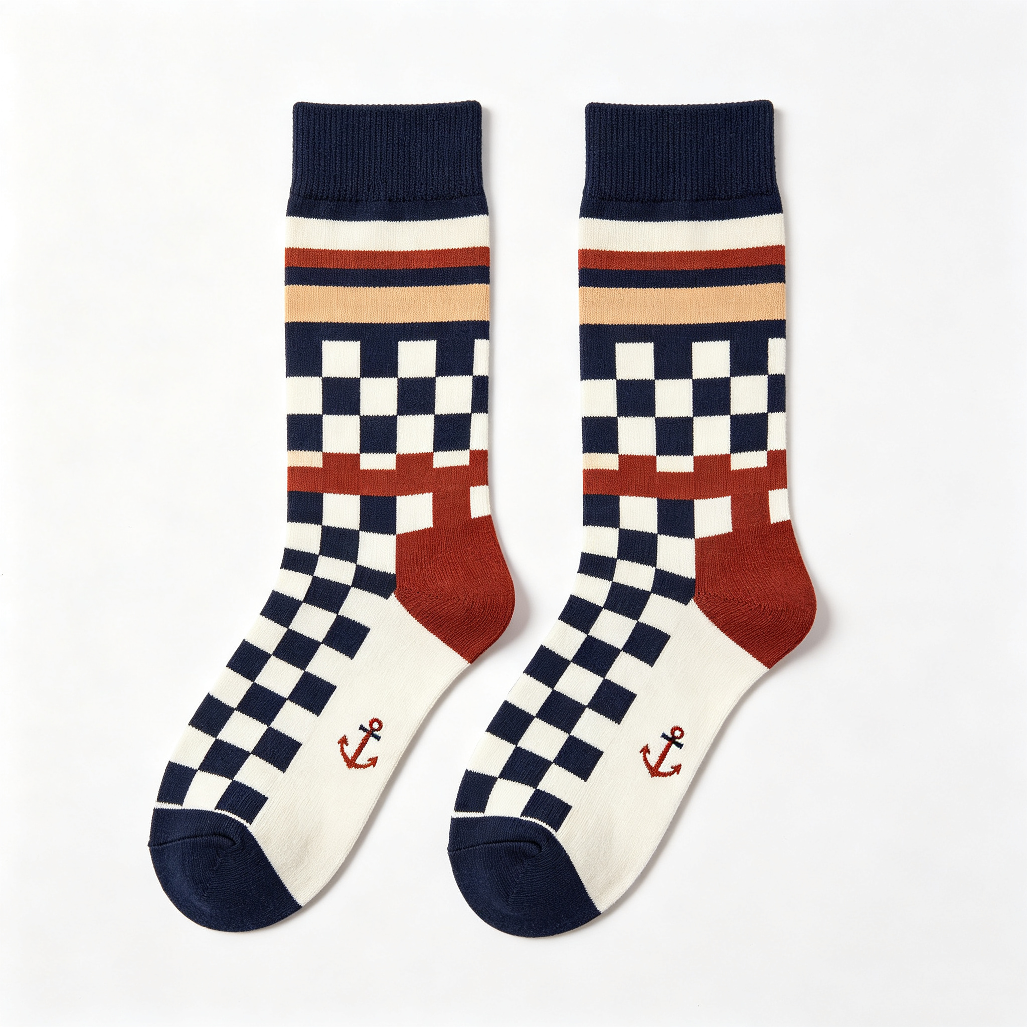 Nautical Anchor Checkered Men Crew Socks