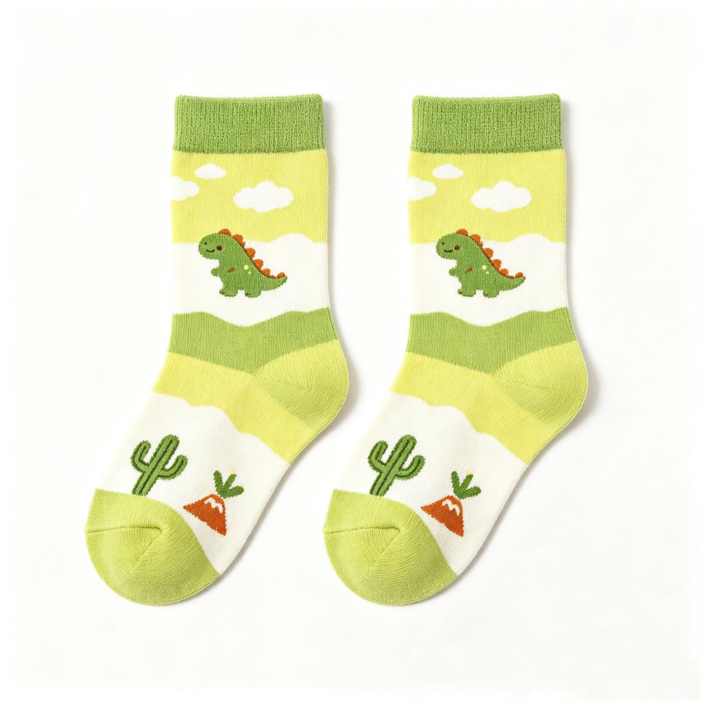 Cartoon Dinosaur Cactus Kids Crew Socks