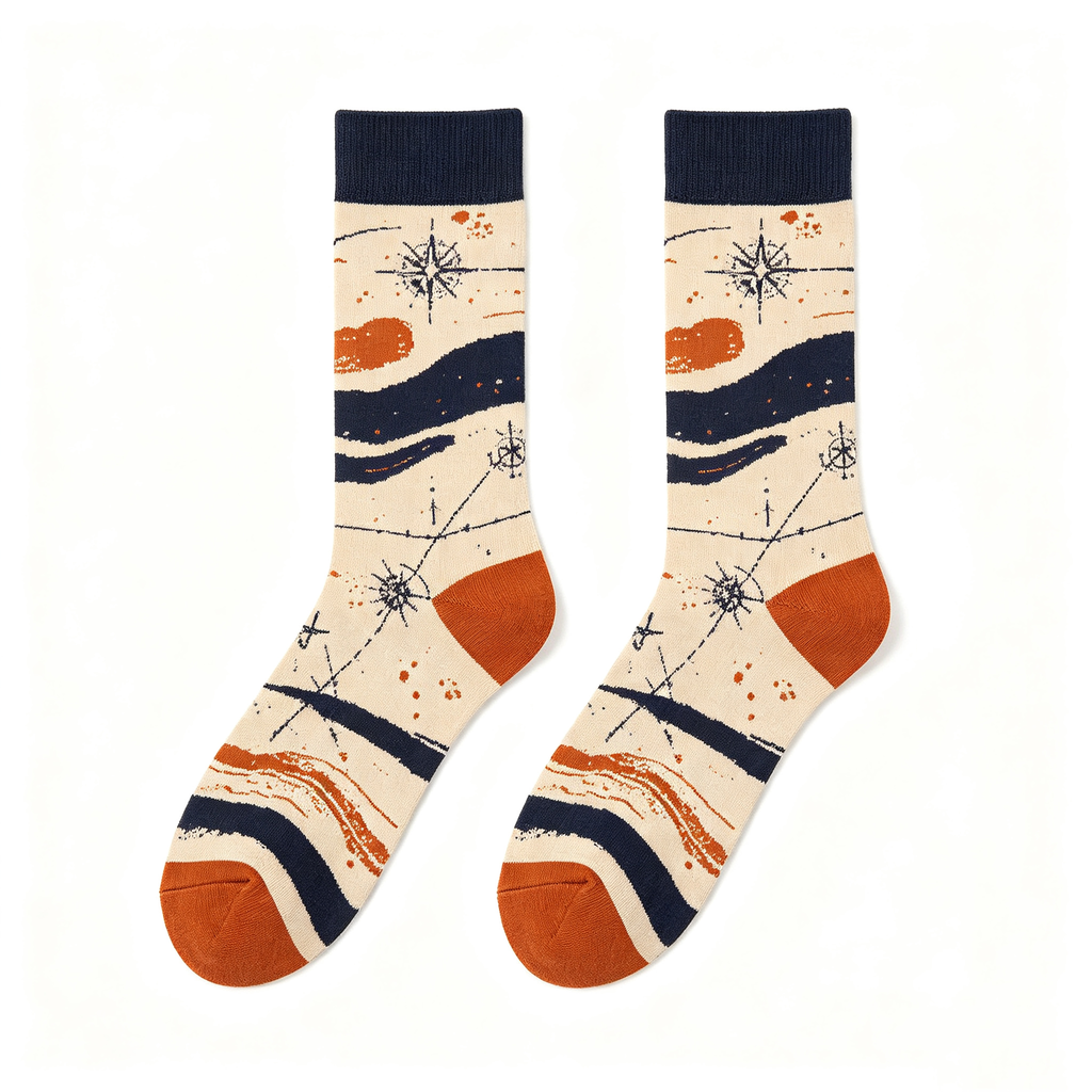 Nautical Compass Map Print Men Crew Socks