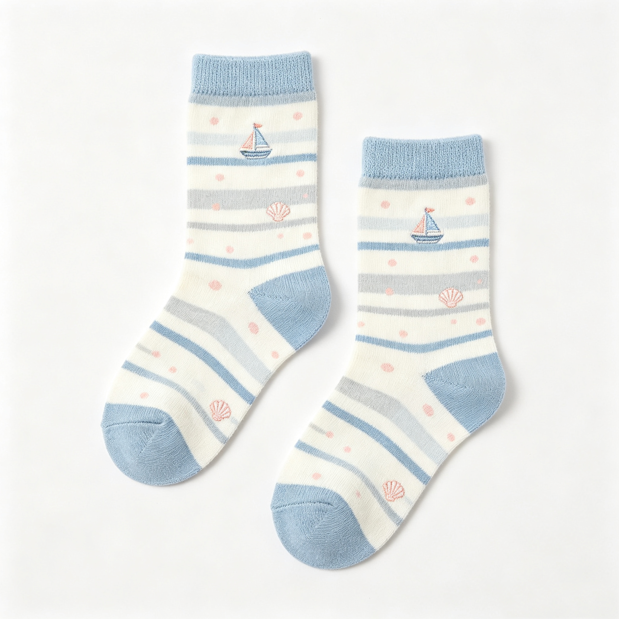 Striped Sailboat Seashell Kids Crew Socks