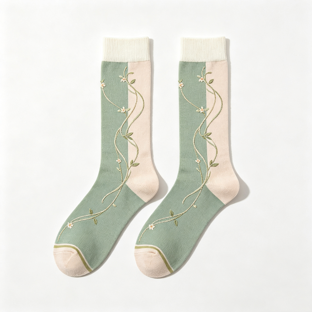 Retro Vine Floral Embroidered‑Look Women Crew Socks