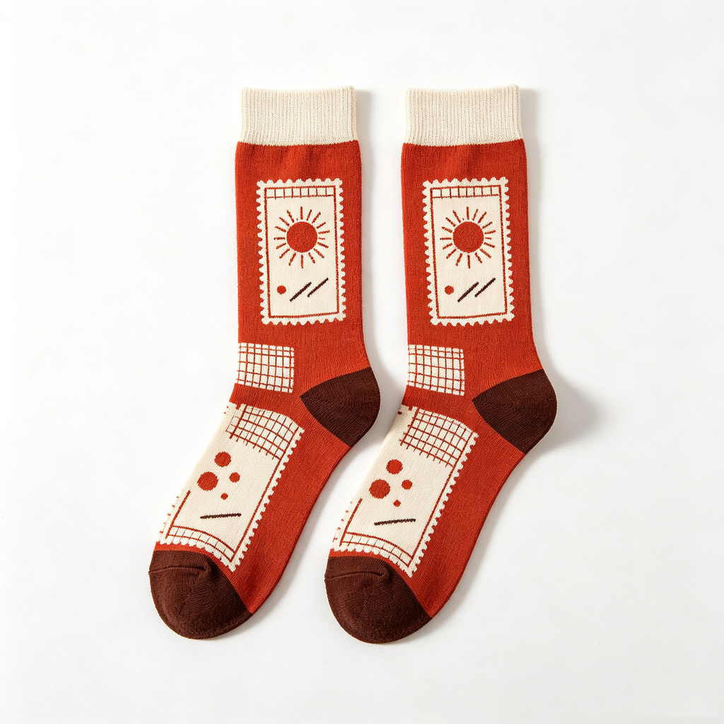 Vintage Postage Stamp Sun Print Women Crew Socks