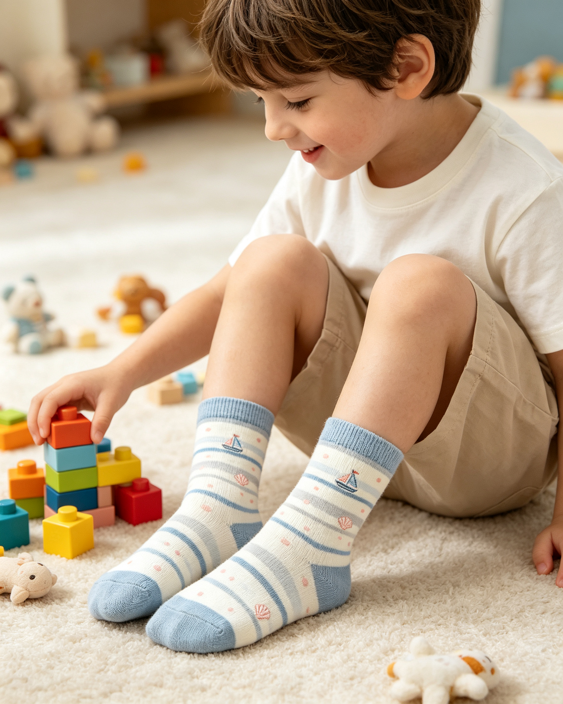 Striped Sailboat Seashell Kids Crew Socks