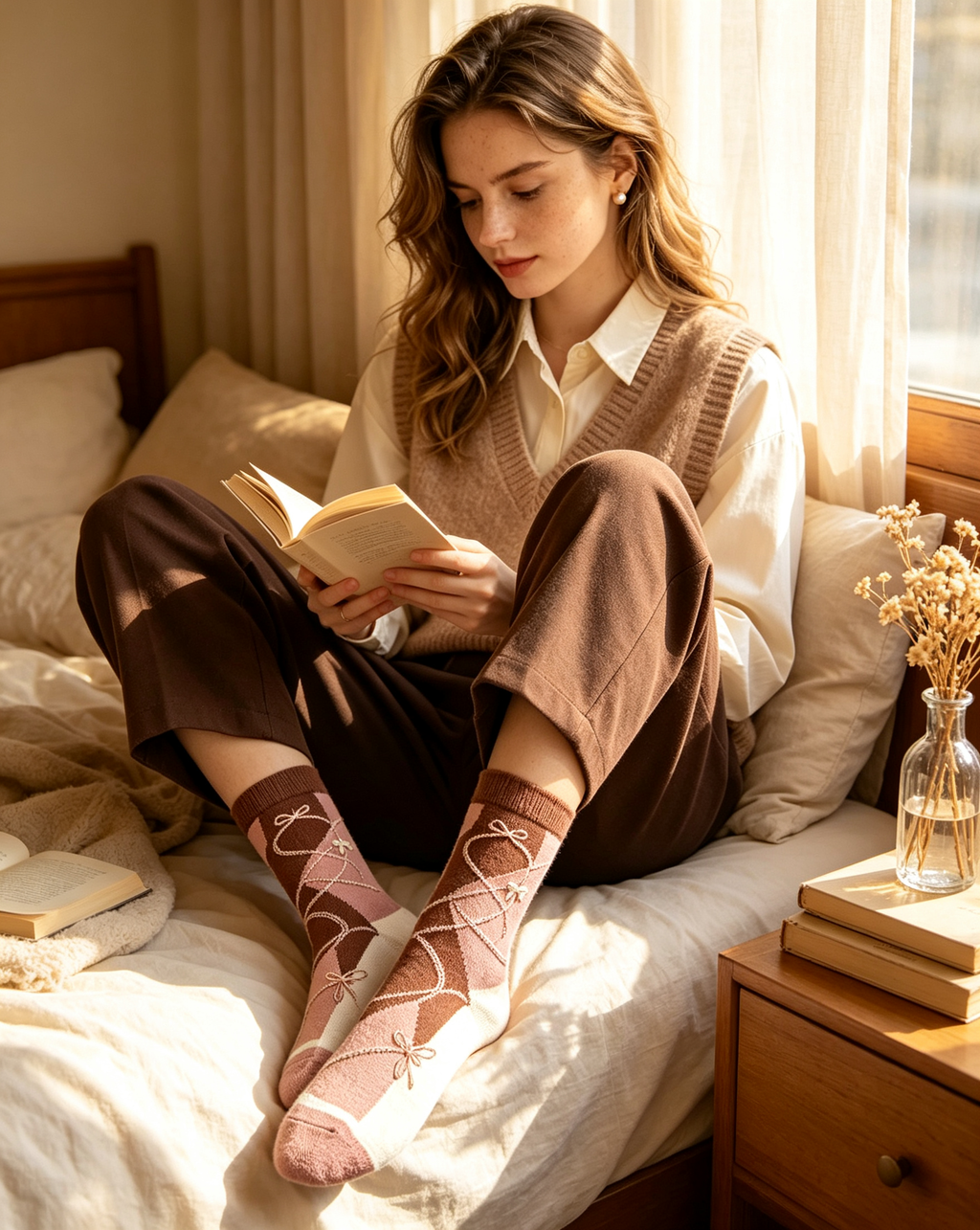 Vintage Bow Rhombus Crew Socks for Women